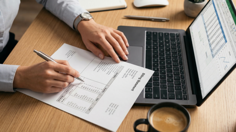 Business telecom billing statement displayed on a laptop showing expense detail