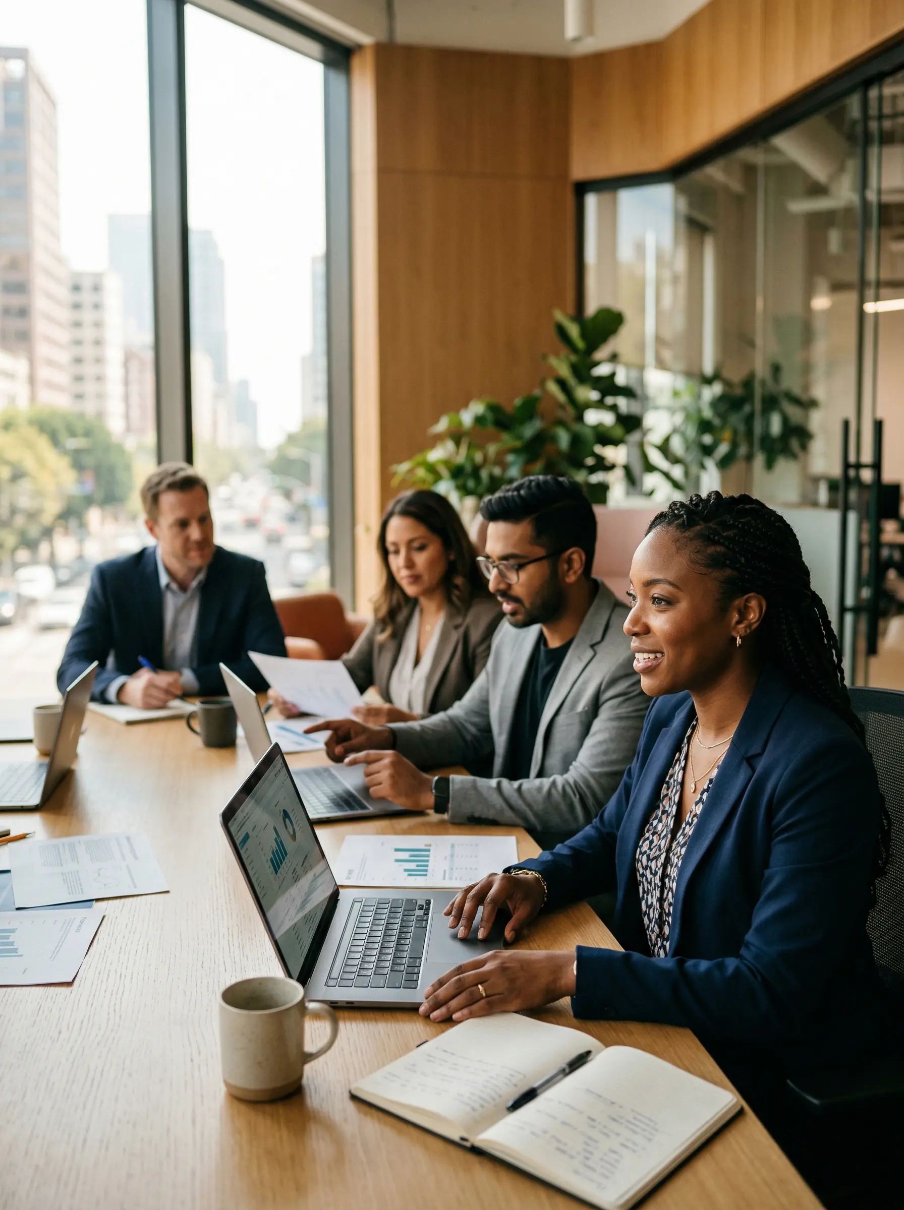 Business team in a meeting room reviewing telecom options