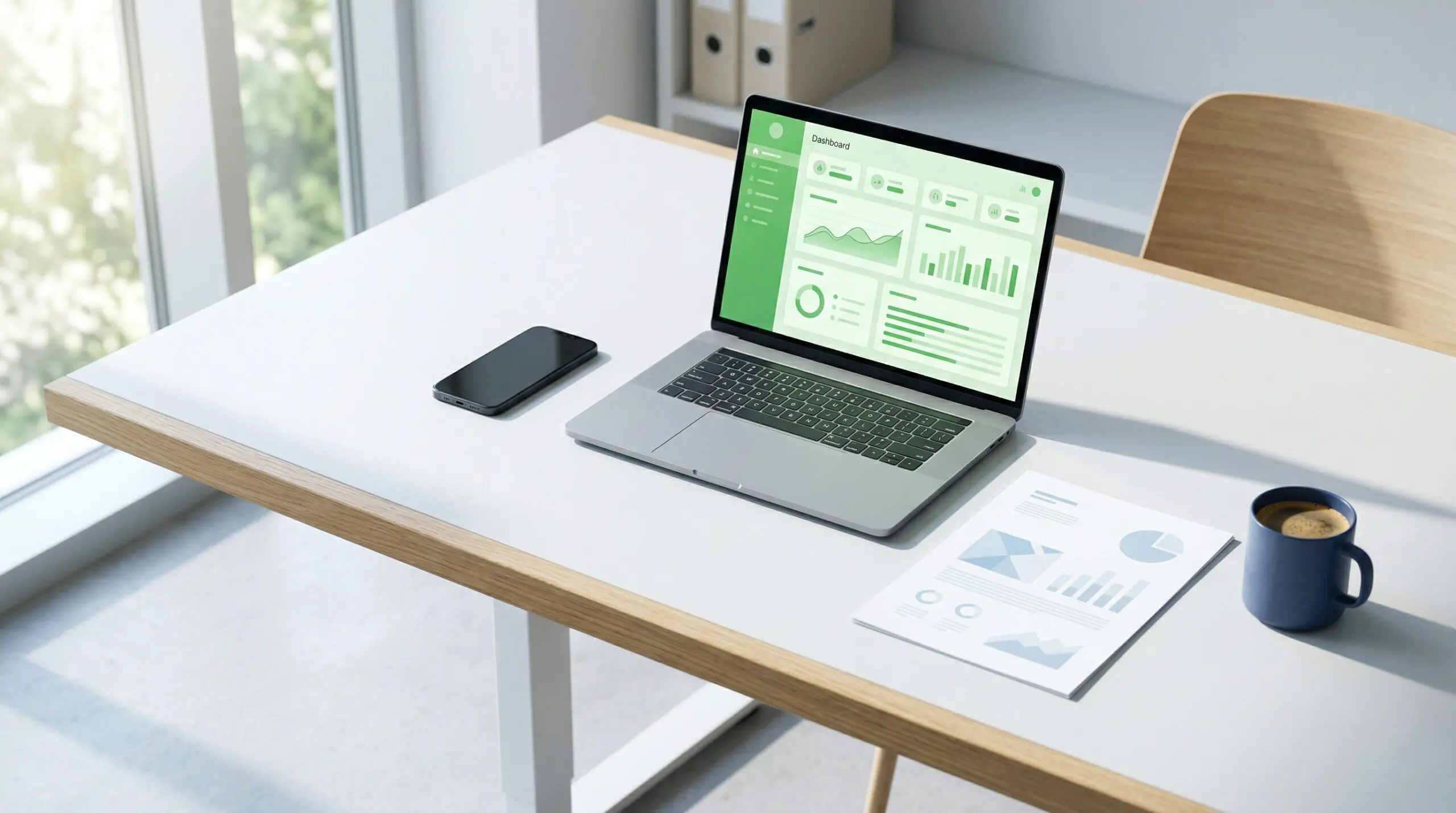 Clean desk with a single monitor showing a unified network dashboard