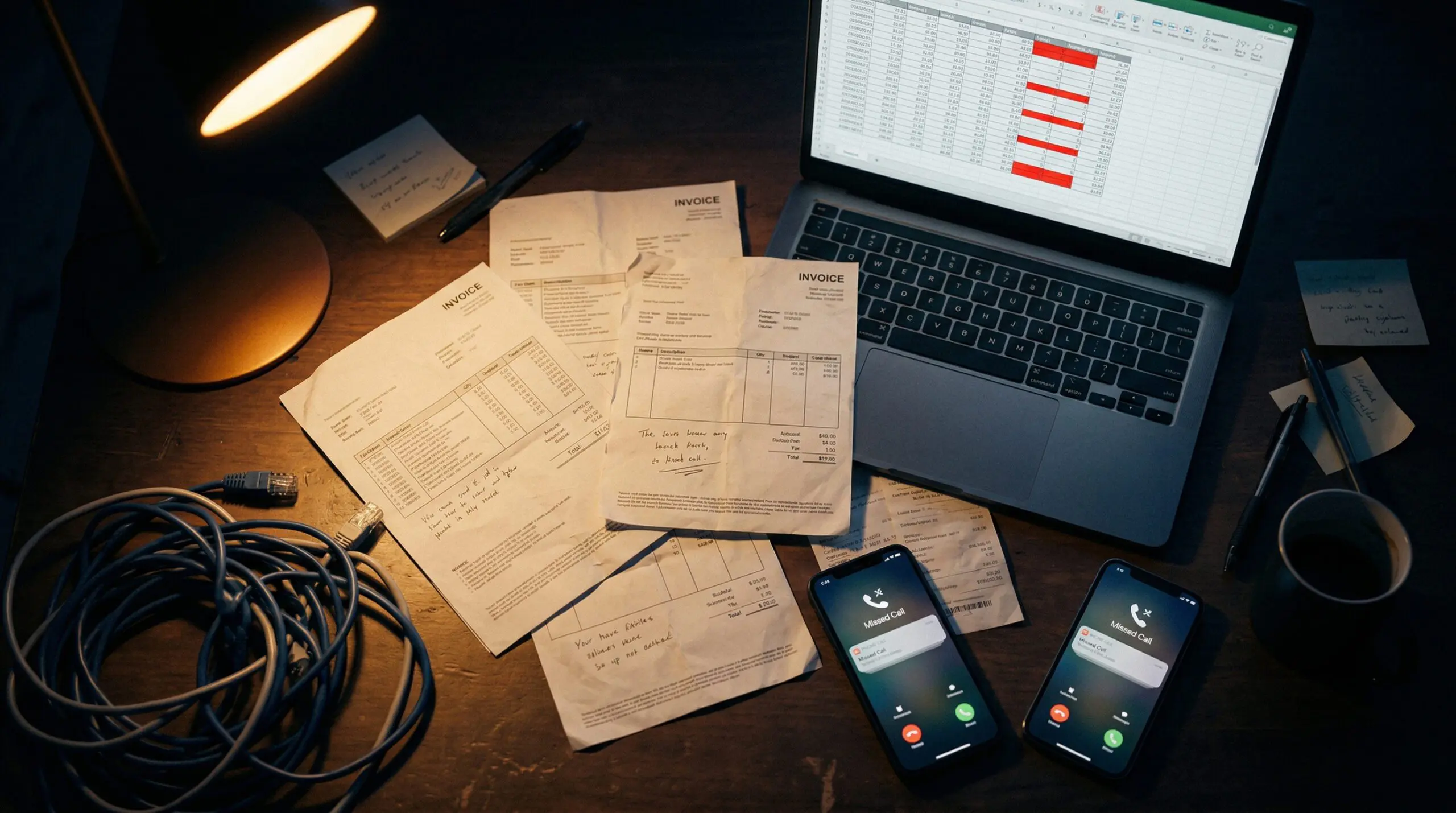 Desk covered in carrier invoices and cables from multiple locations