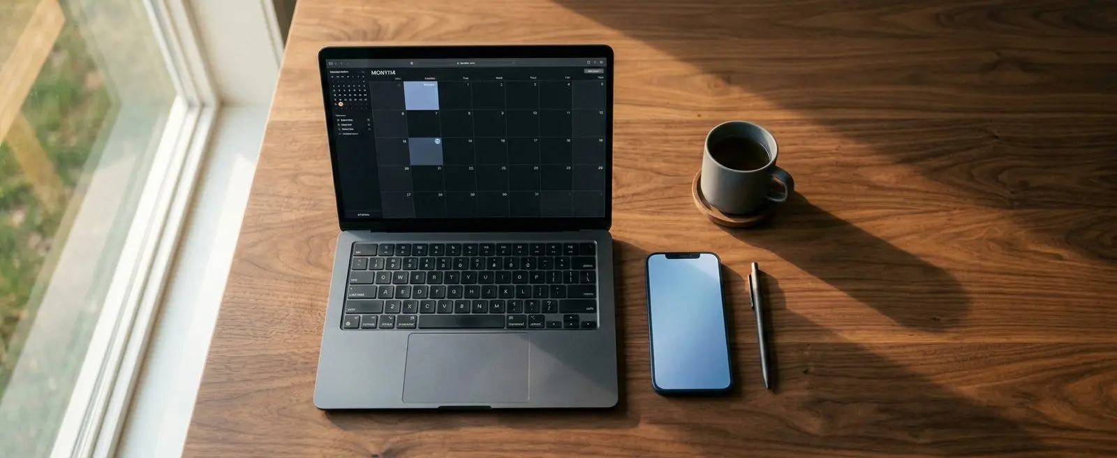 Business smartphone and laptop on a walnut desk showing a calendar, planning a mobile line add for a growing team.