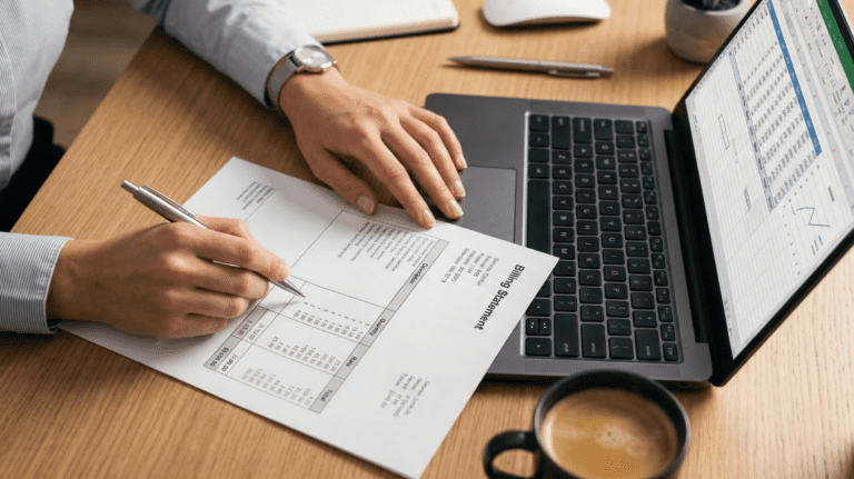 Business telecom billing statement displayed on a laptop showing expense detail