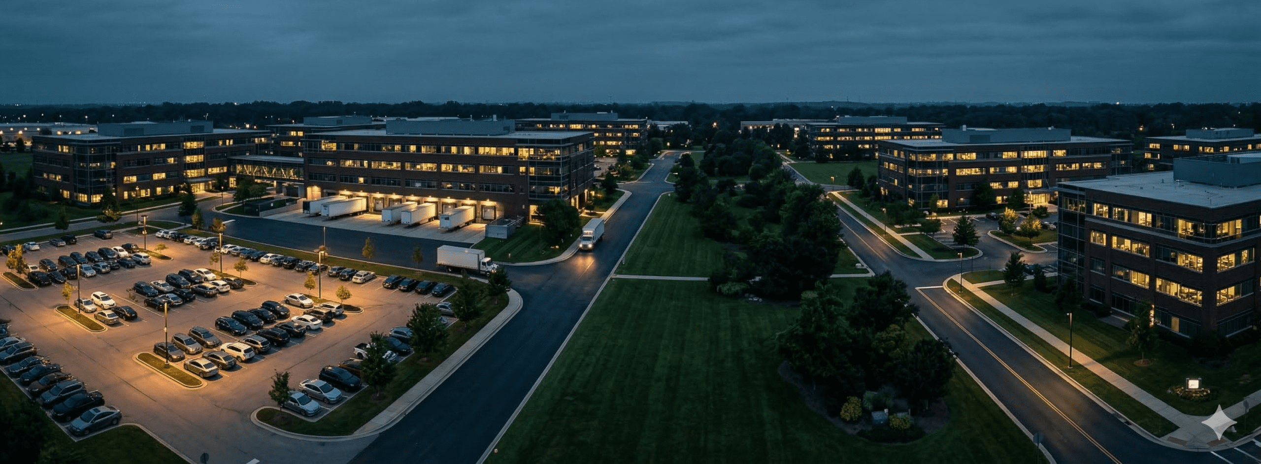 Business campus connected at dusk