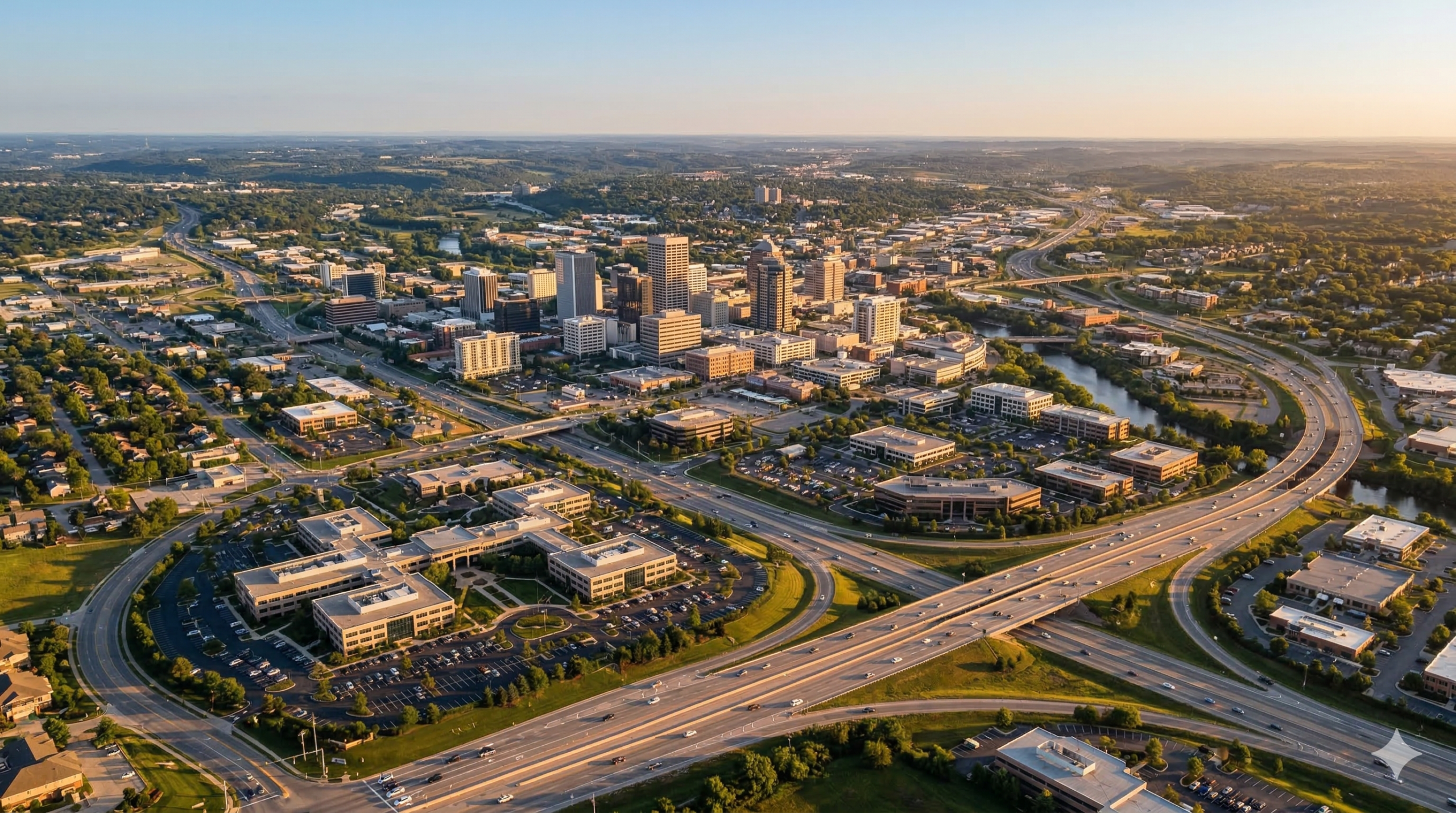 Aerial view of Indianapolis at golden hour