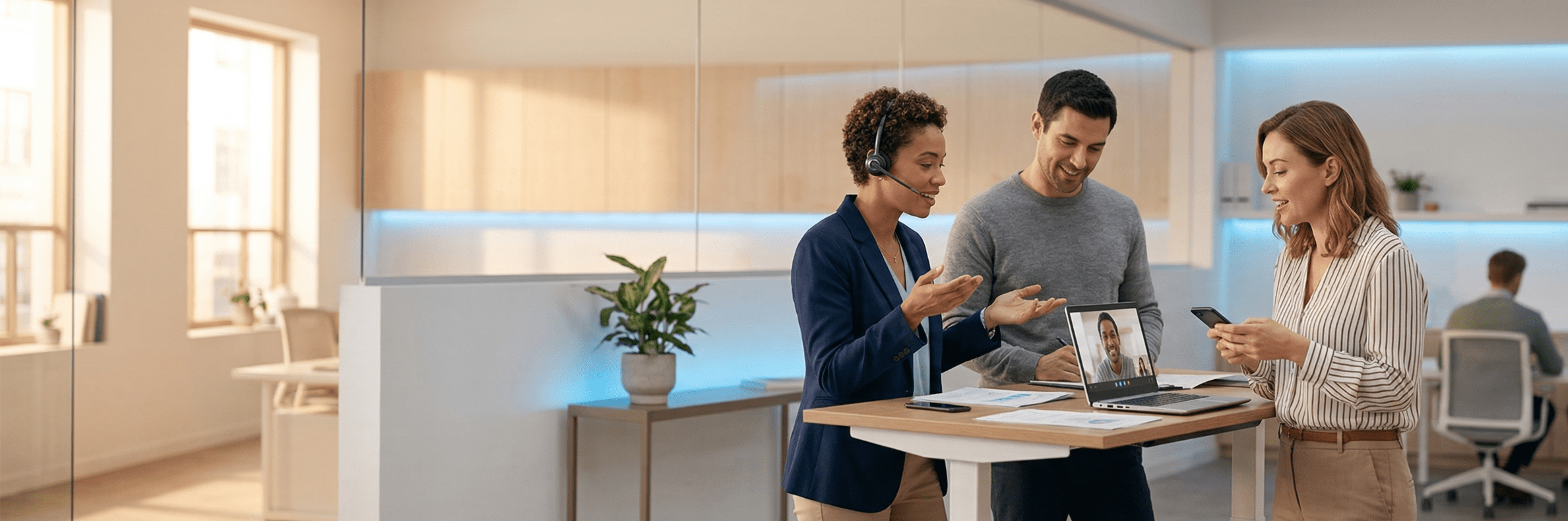 Office employees using a cloud phone system at their desks