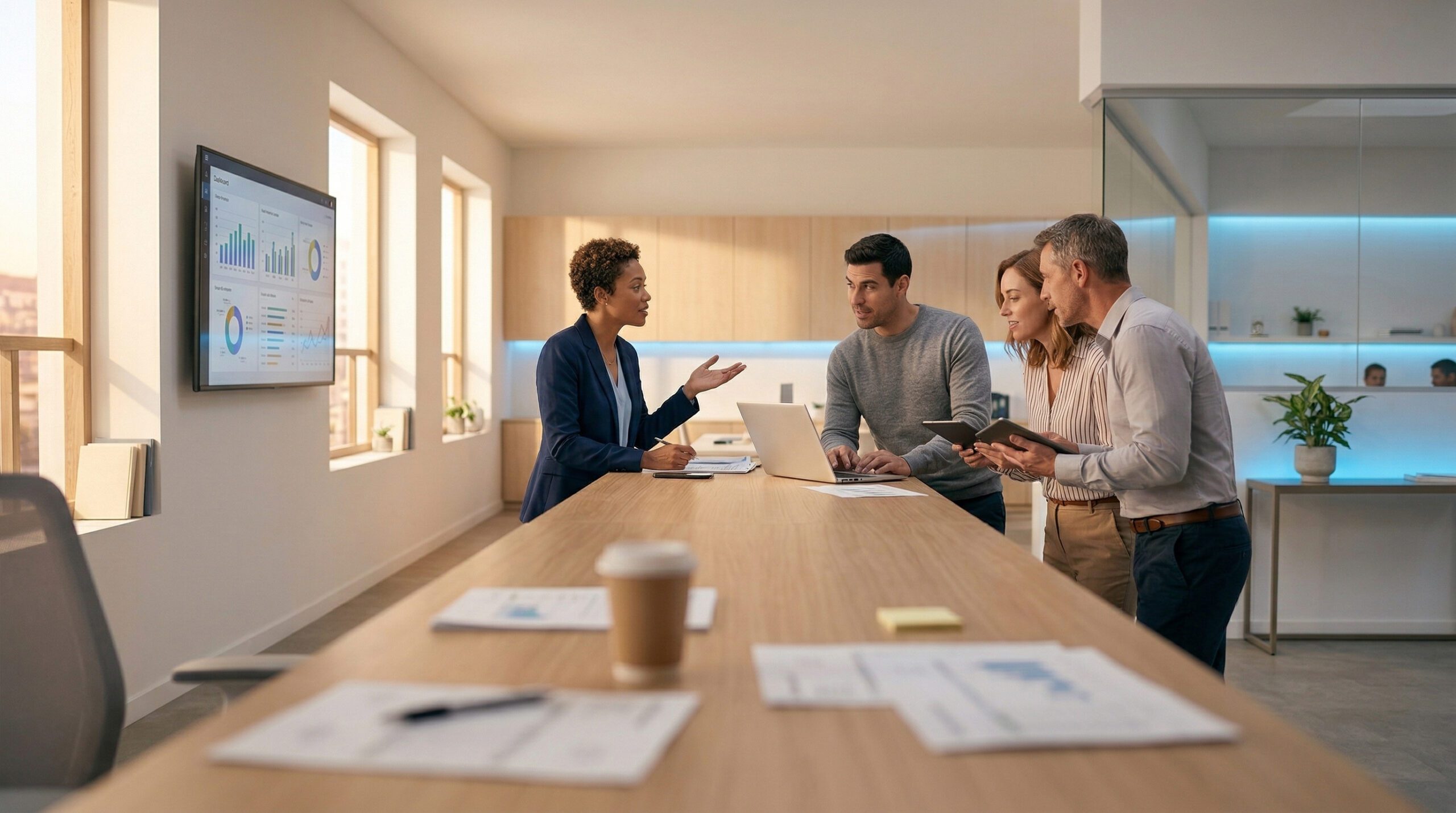 Business team reviewing phone system options at a conference table