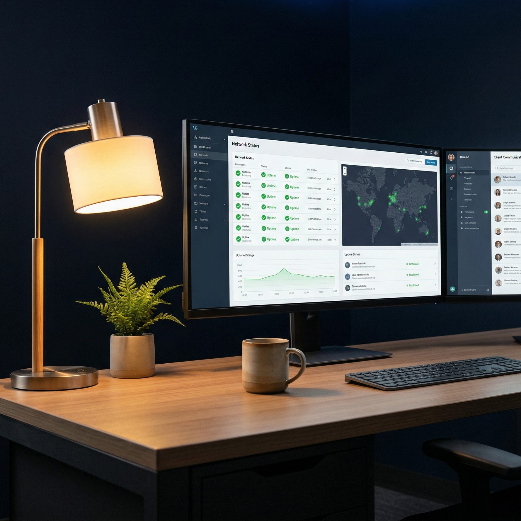 Network operations center with multiple monitors showing SD-WAN dashboards