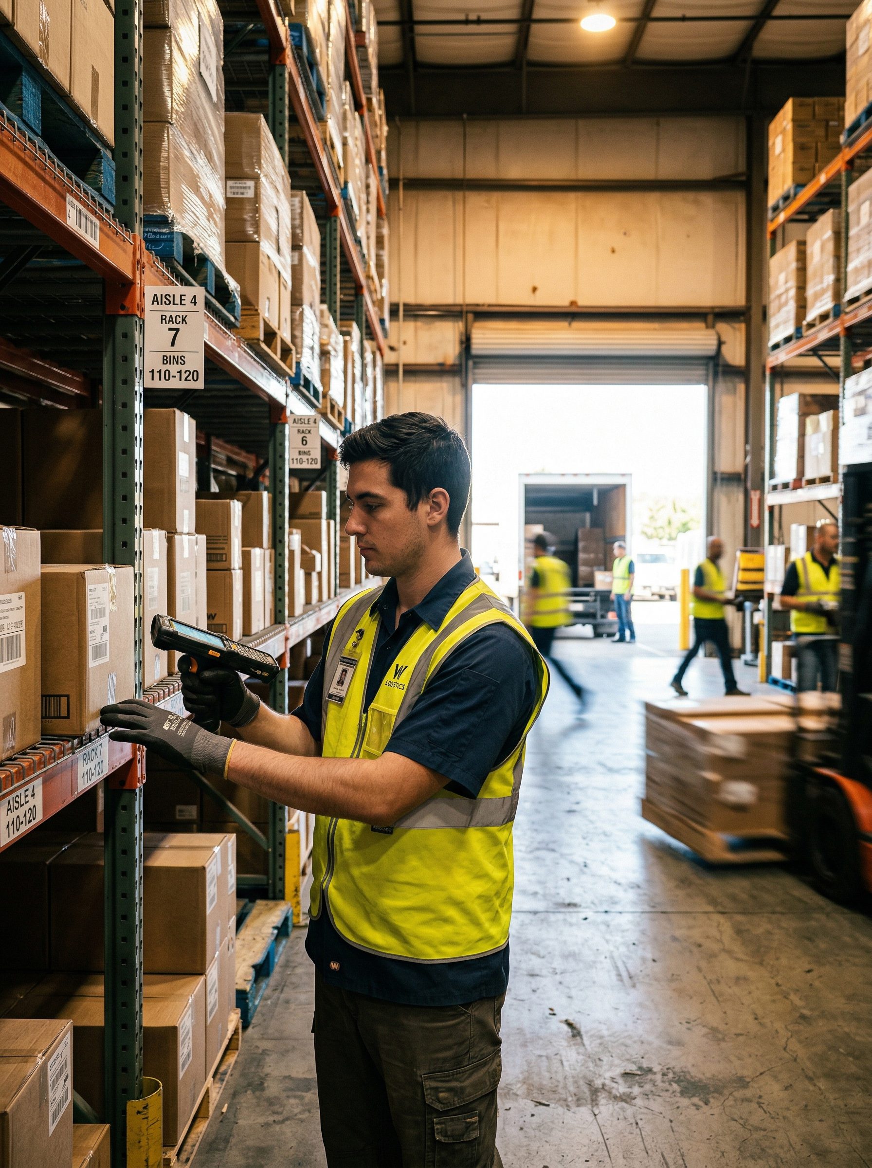 Warehouse employee using wireless handheld scanner on the floor